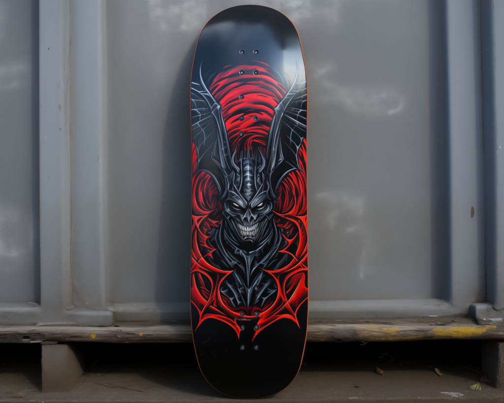 Skateboard painted with the devil.