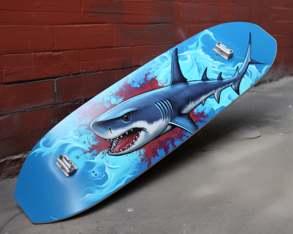 Skateboard painted with a shark