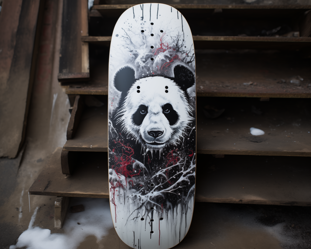 Skateboard painted with a panda
